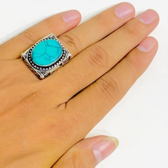Southwestern Style Turquoise Oval Stone Ring, Ethnic Kuchi Ring, Afghan Jewelry, - Picture 11 of 11